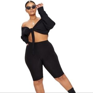 Pretty Little Thing Black Bardot Tie Front Cropped Sweater